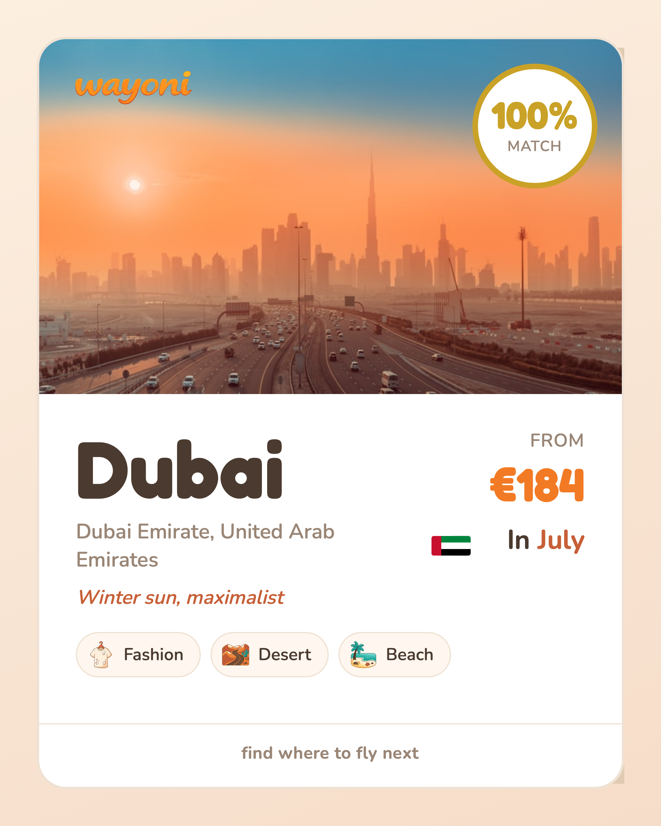Example of a wayoni place card for Dubai
